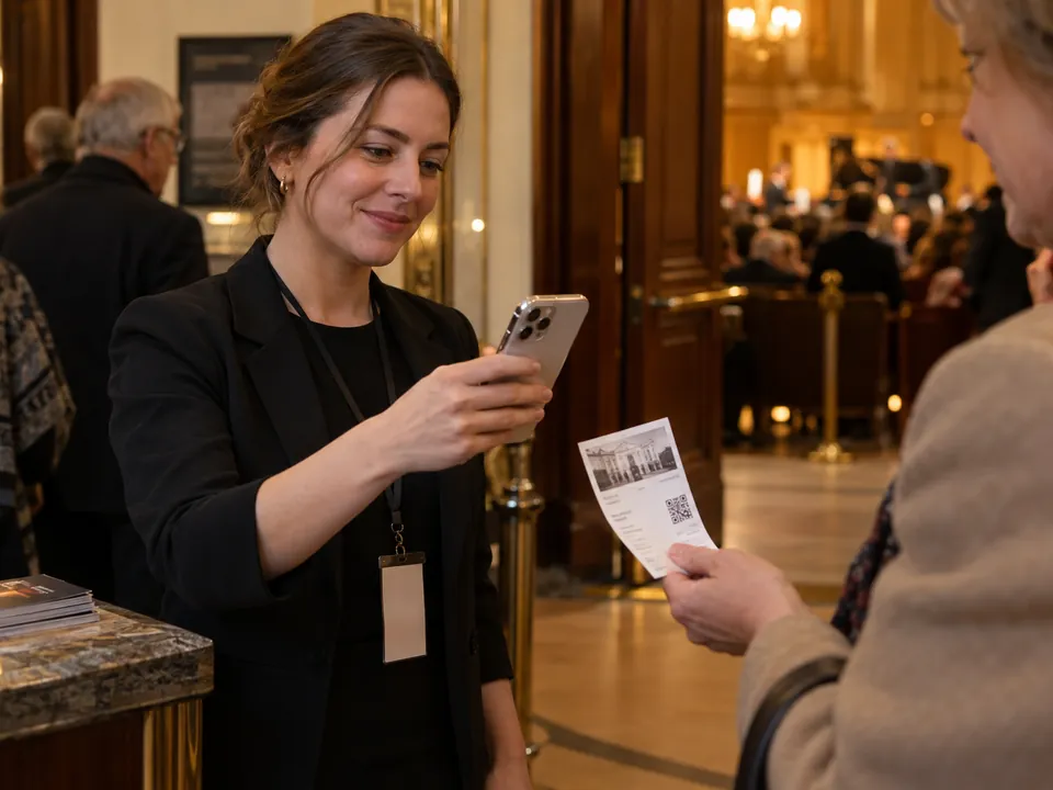 Een medewerker scant bij de zaaldeur het e-ticket van een bezoeker met haar telefoon